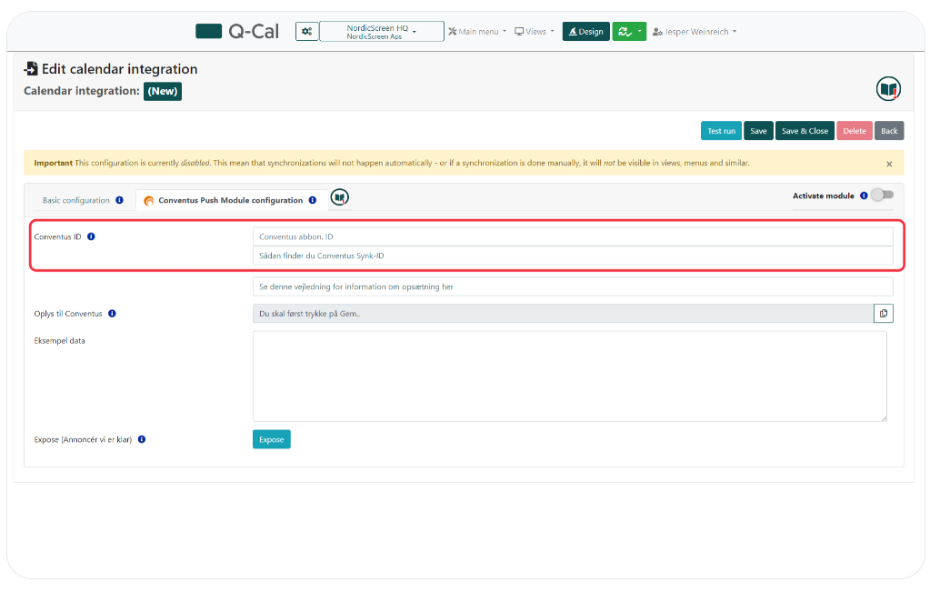 Configuration screen for editing a new calendar integration in Q-Cal, focused on the Conventus Push Module configuration with fields for Conventus ID and data application settings.