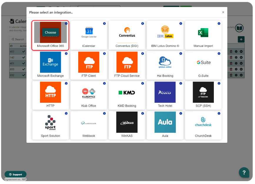 Integration selection window in Q-Cal with various service options such as Office 365, Google Calendar, Microsoft Exchange, and KMD Booking.