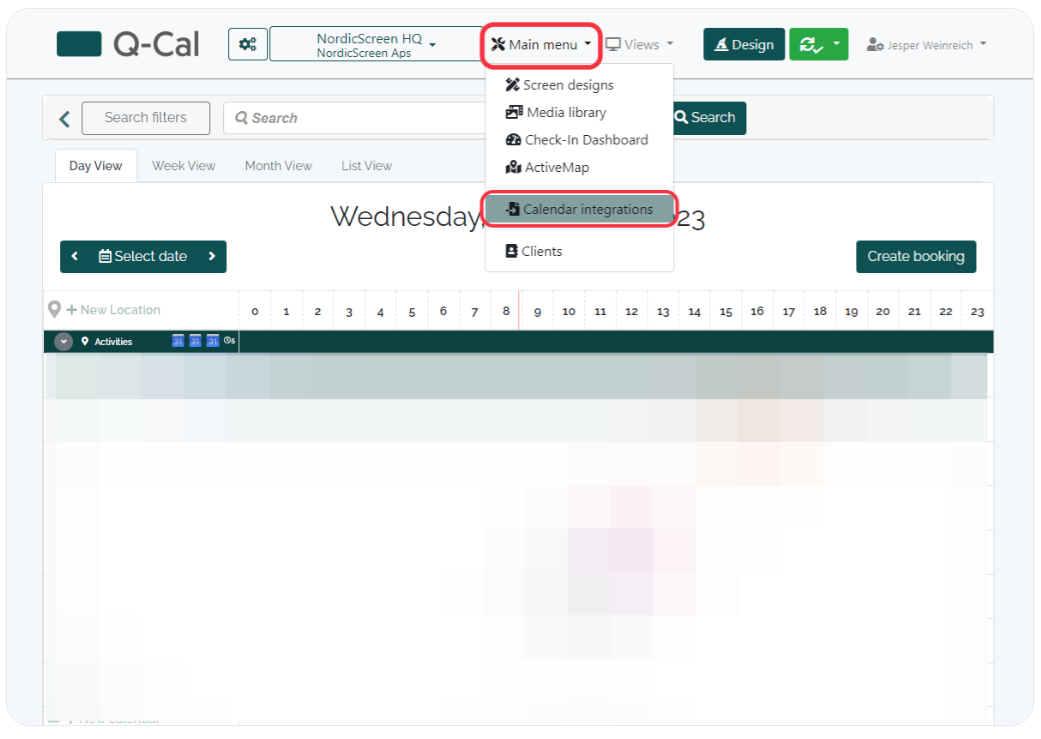 Q-Cal scheduling interface displaying 'Main menu' dropdown with options including 'Screen designs', 'Media library', 'Calendar integrations', and 'Clients'.