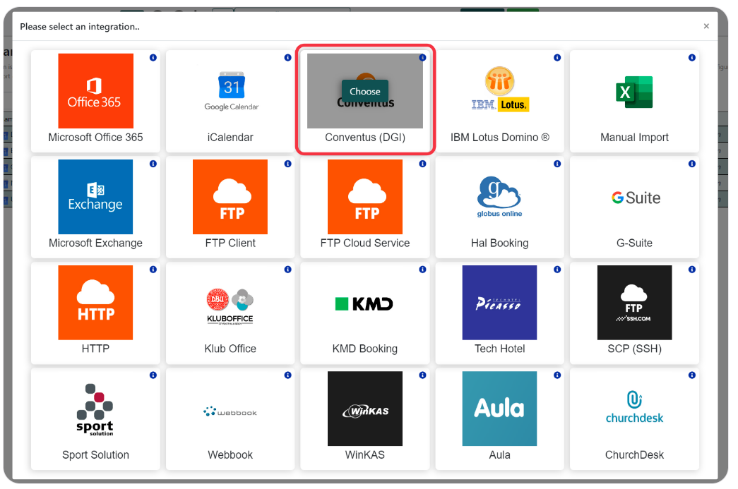 Integration selection window in Q-Cal with various service options such as Office 365, Google Calendar, Microsoft Exchange, and KMD Booking.