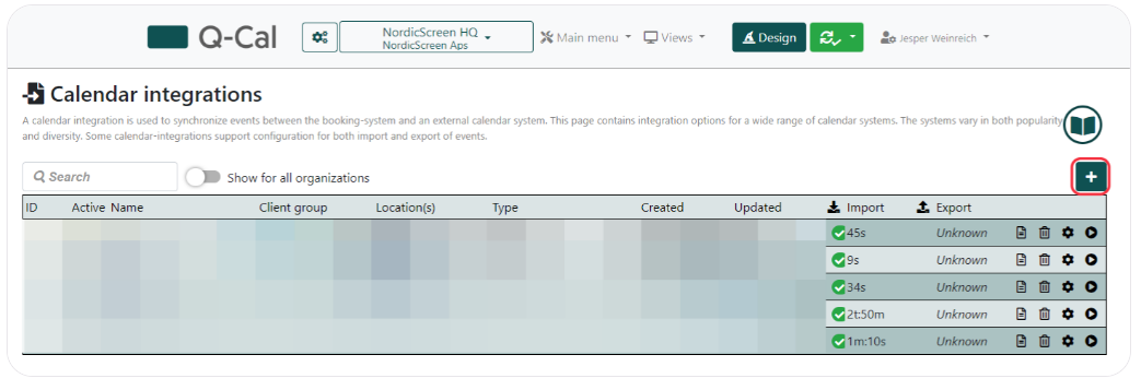 Q-Cal Calendar Integrations page with a list of integration entries and a green 'add new' button highlighted.