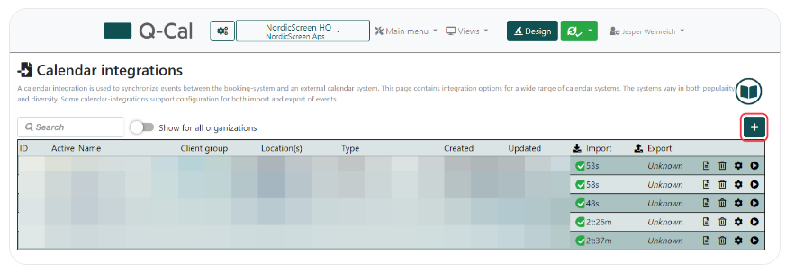 Q-Cal interface displaying the 'Calendar integrations' section with options to search, show for all organizations, and a highlighted button to add a new integration.