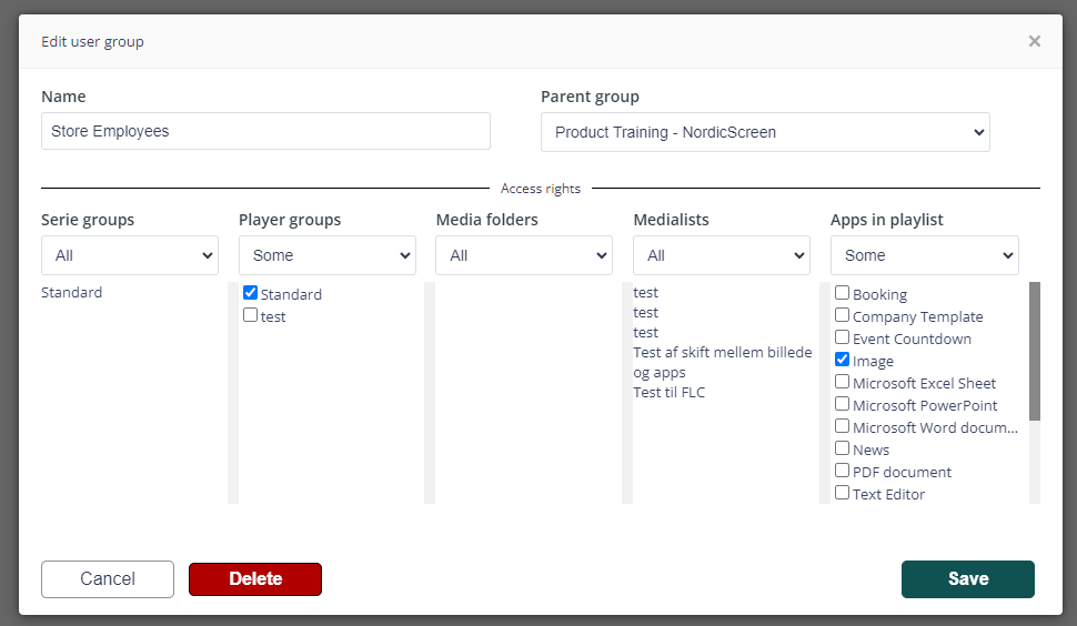 Edit user group interface on Q-Play with fields for group name, parent group, and selections for series groups, player groups, media folders, medialists, and apps in playlist.
