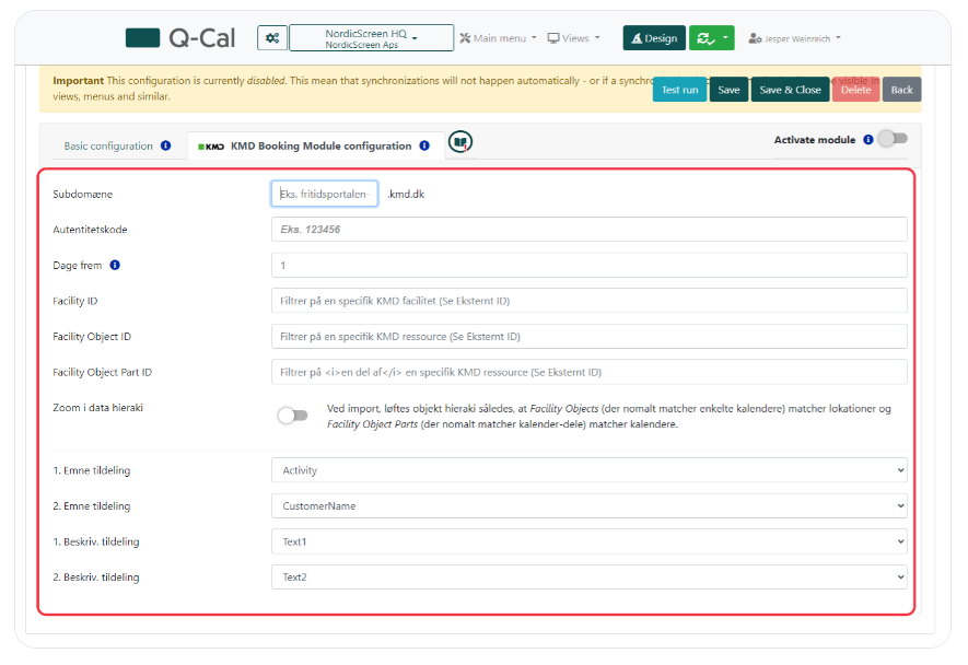 Advanced KMD Booking Module configuration in Q-Cal with fields for subdomain, authentication code, and other integration details.