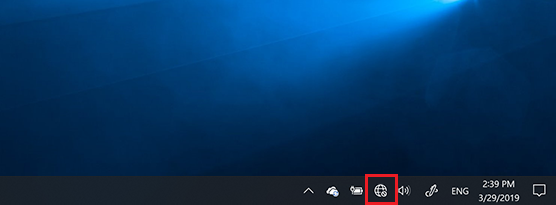 Windows taskbar showing network, sound, and notifications icons with no internet access indicator.