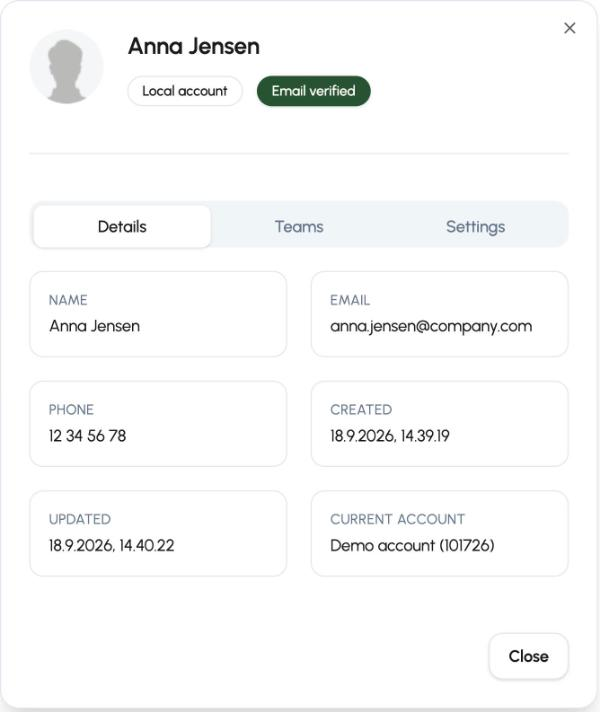 The View details window for a user in Q-Play with the tabs Details, Teams and Settings and the badges Local account and Email verified