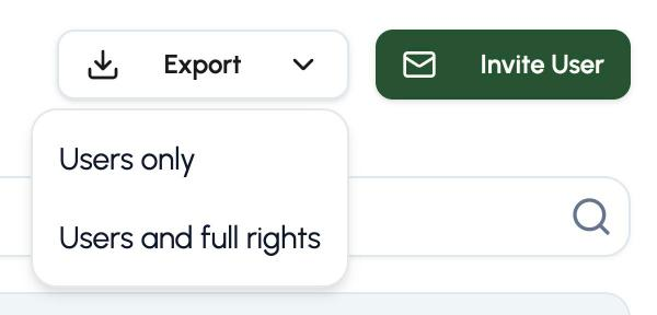 The Export drop-down in the Q-Play user overview with the options Users only and Users and full rights