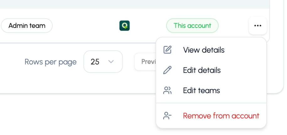 The three-dot menu next to a user in Q-Play with the options View details, Edit details, Edit teams and Remove from account