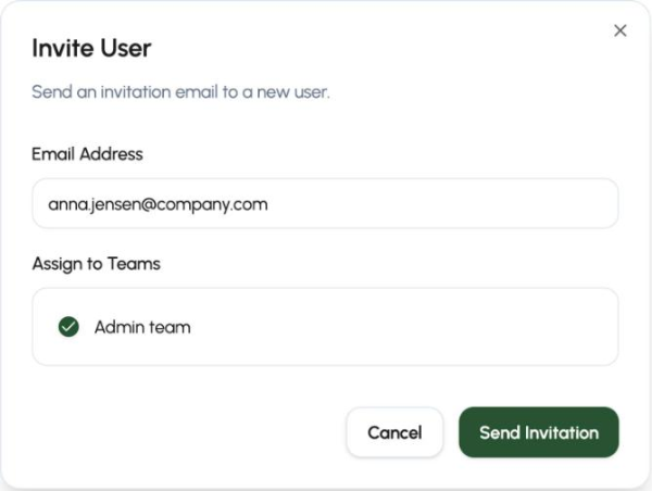 The Invite User dialog in Q-Play with the email address field filled in and Admin team selected under Assign to Teams