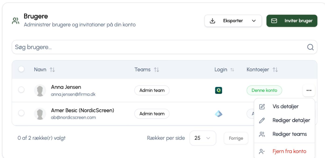 Menuen med tre prikker ud for en bruger i Q-Play med valgene Vis detaljer, Rediger detaljer, Rediger teams og Fjern fra konto