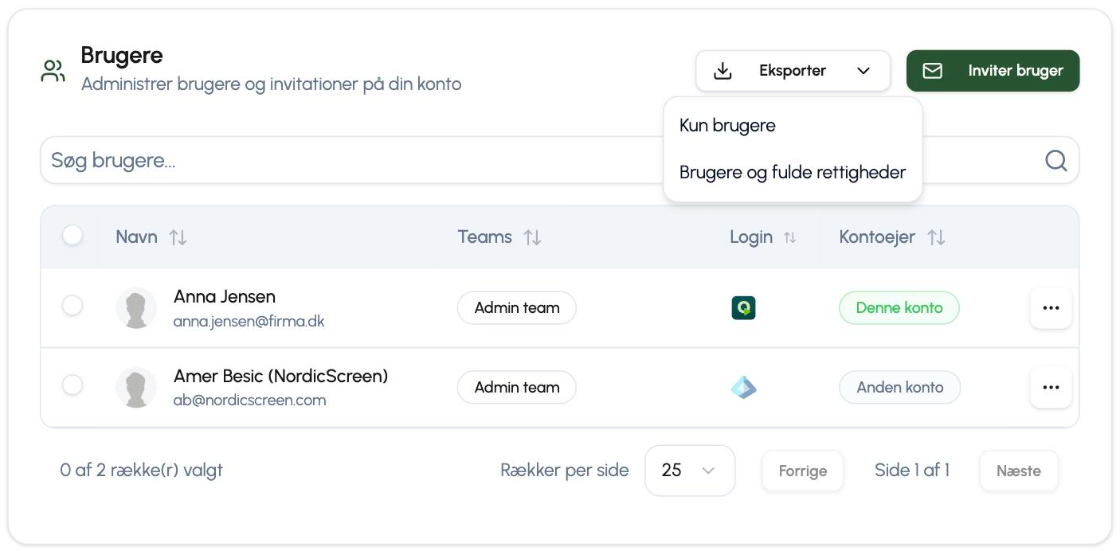 Rullemenuen Eksporter i brugeroversigten i Q-Play med valgene Kun brugere og Brugere og fulde rettigheder