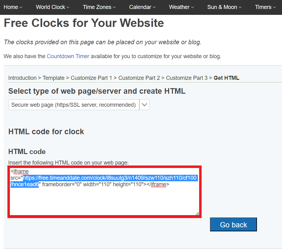 Web page section showing HTML code for an iframe element to embed a free clock on a website, with instructions for insertion.
