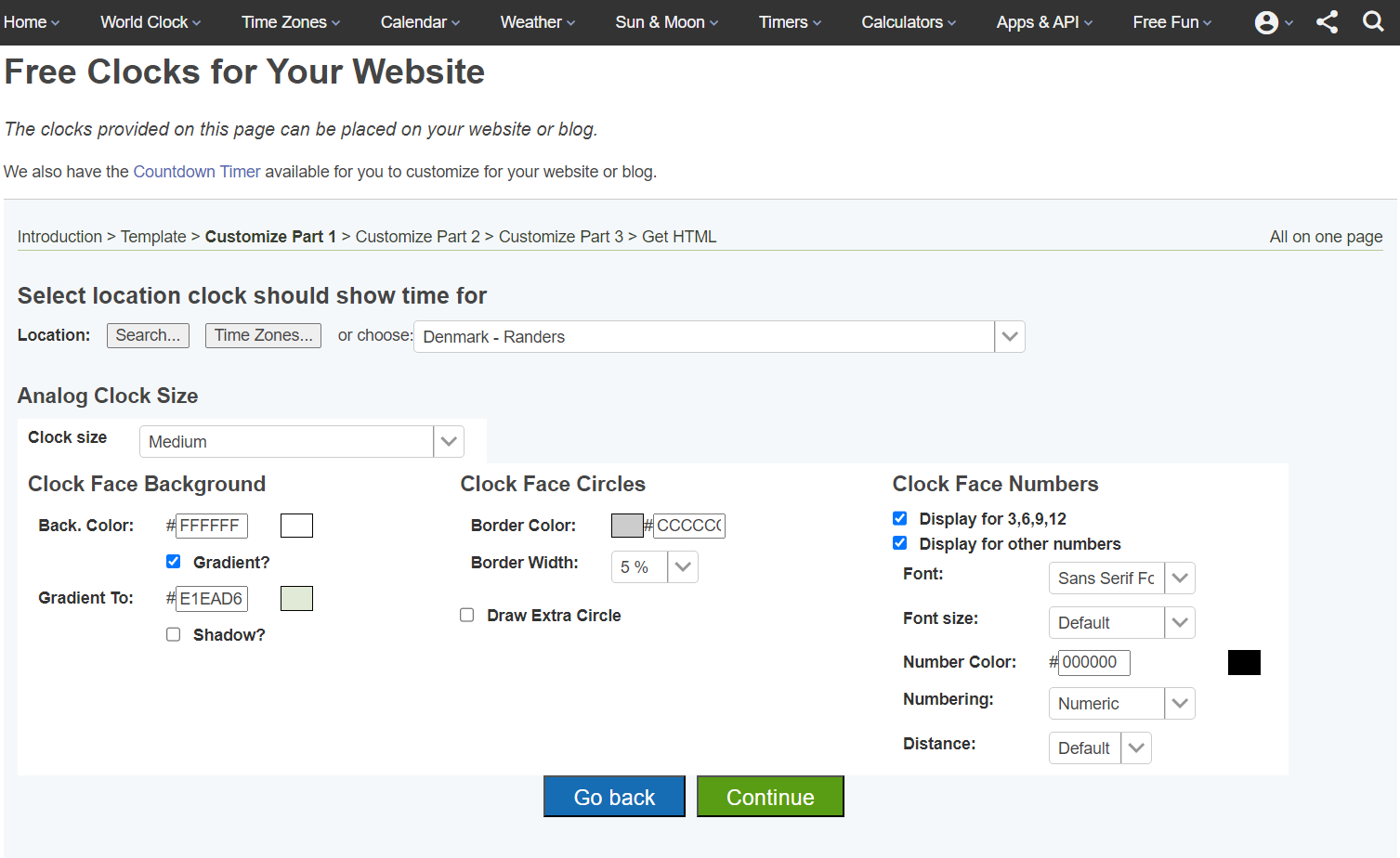 Web page customization section for free clocks, with options to select the location, clock size, face background, face circles, and number display for an analog clock.