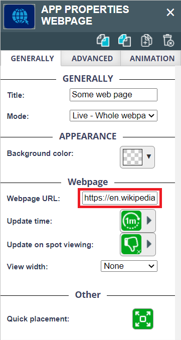 Settings panel for a web page app with fields to enter the title, mode, background color, webpage URL, update time, and view width.