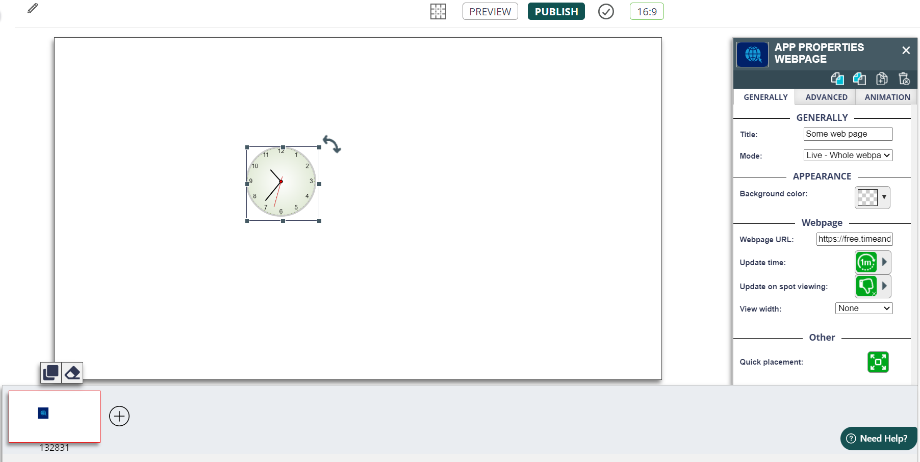 User interface for a content creation tool showing a canvas with an analog clock element selected and a properties panel for webpage settings on the right side.