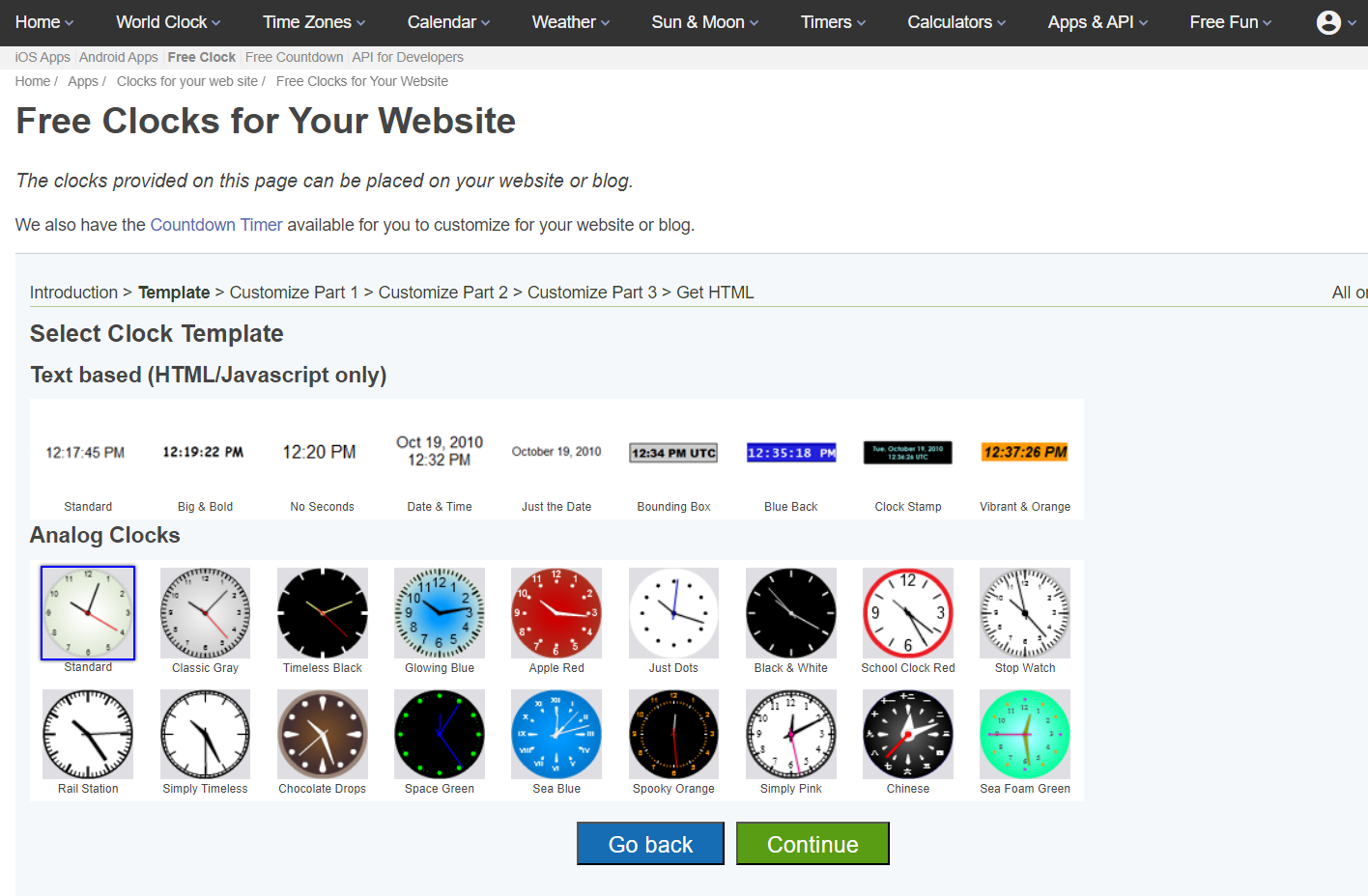 Web page displaying a selection of free digital and analog clock templates for websites, in various styles and colors, with a 'Continue' button below.