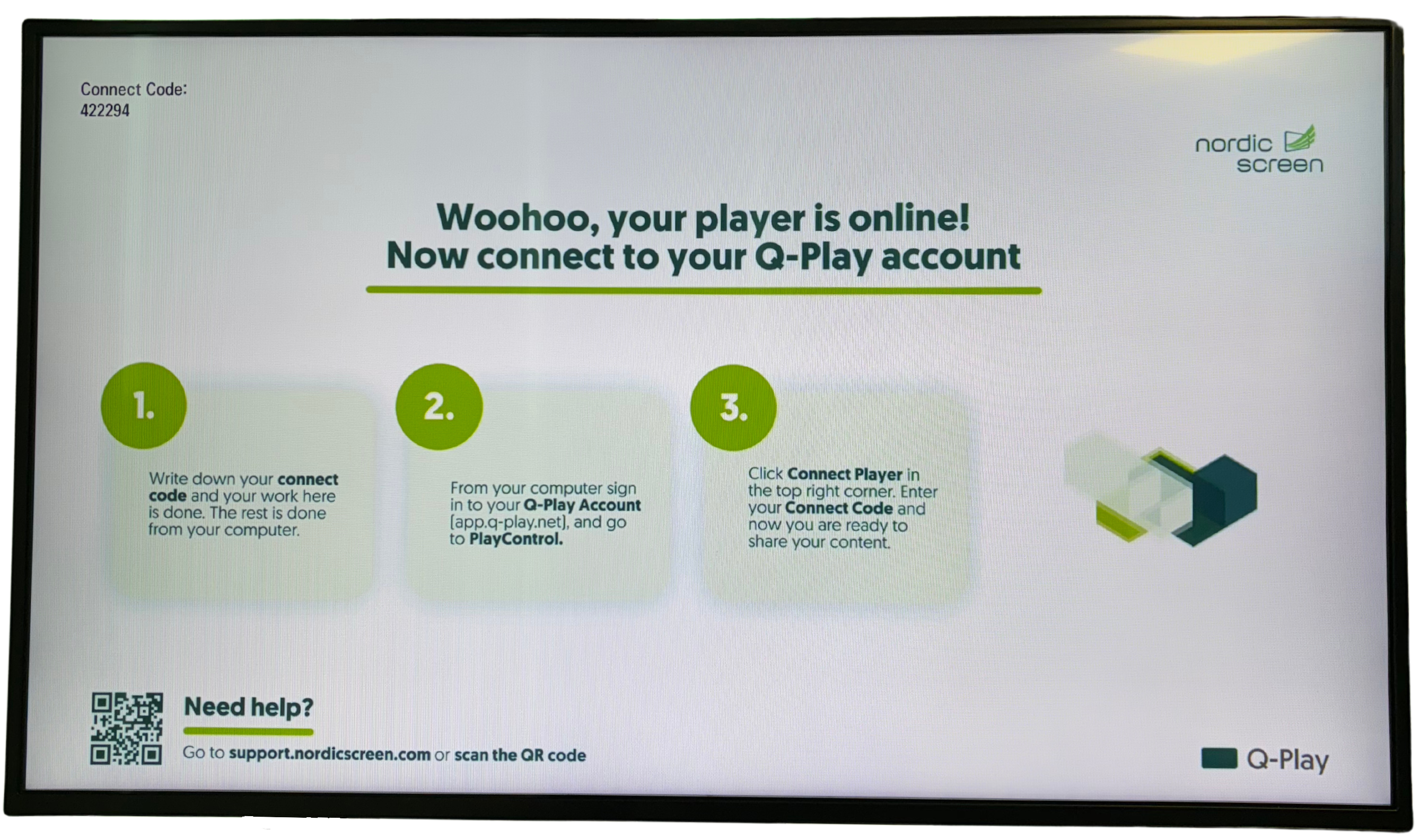 Skærmen viser en trinvis vejledning til at forbinde en online spiller til en Q-Play-konto med en unik kode.