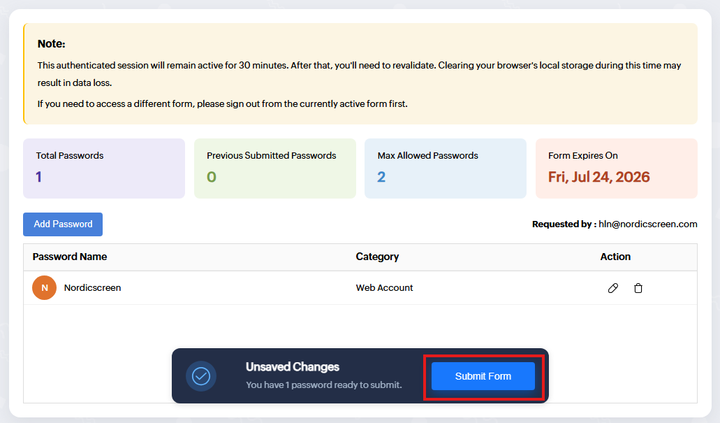 NordicScreens sikre vault-formular med et gemt password og knappen Submit Form nederst