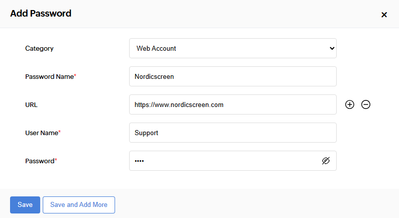 Password entry form in the NordicScreen secure vault with fields for Category, Password Name, URL, User Name, and Password