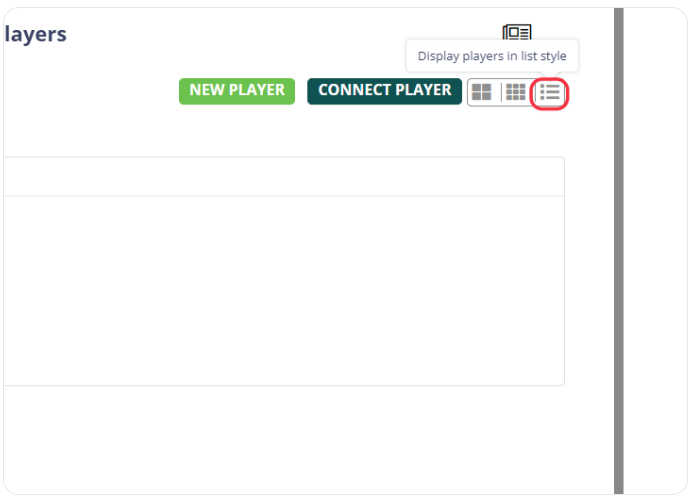 Interface for managing players in Q-Play with options to add a new player, connect a player, and toggle list view.