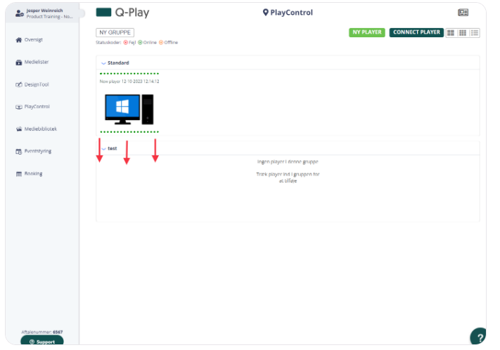 Q-Play PlayControl screen with 'Standard' group having a new player added and 'test' group highlighted, indicating where to drag players to assign them to groups.