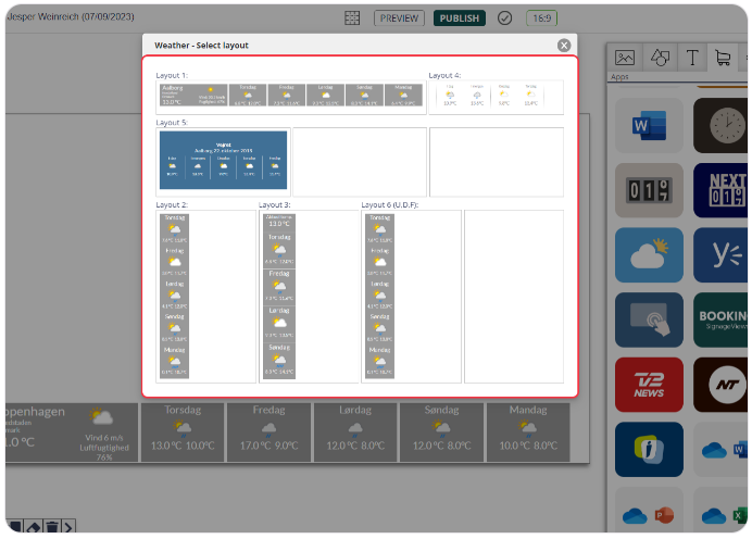 Weather app layout selection interface in digital signage software.