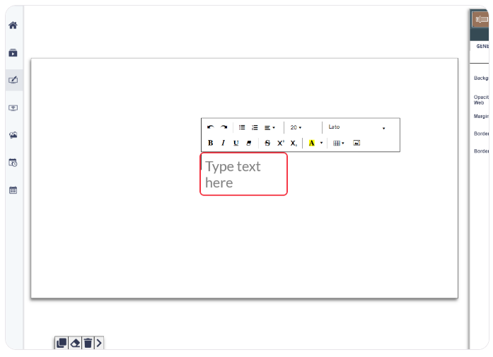 Digital text editor with toolbar and placeholder 'Type text here' on a presentation software interface.