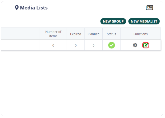 nterface showing an empty Media Lists section with options for 'NEW GROUP' and 'NEW MEDIALIST', indicating a place to organize media content.