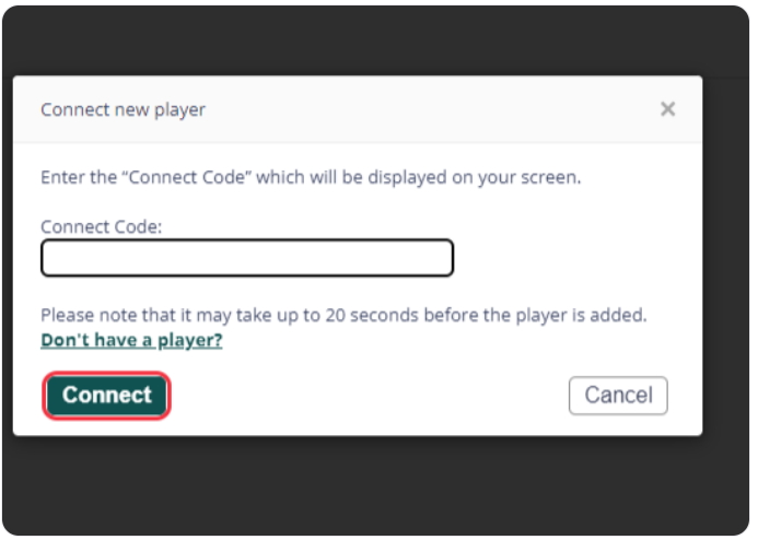 Connection dialog box for adding a new player in Q-Play with 'Connect Code' input field and 'Connect' button.