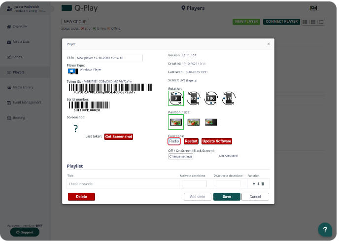 Q-Play player properties window with options for token ID, serial number, screen rotation, position size, and functions like restart and update software.