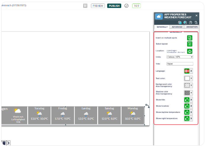 Weather forecast app configuration for Copenhagen with options for units, title, and temperature display.