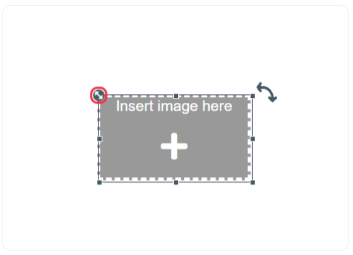 Placeholder for image upload with 'Insert image here' text and an add icon, editable settings.