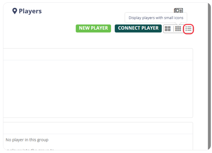 Q-Play interface showing an empty players group with options to add a new player or connect a player.