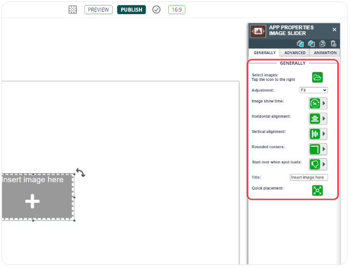 Digital signage content editor with a gray placeholder for an image slider and properties panel to the right.