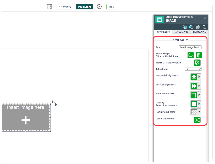 Interface to add an image in digital signage software with app properties settings for image adjustment and placement.