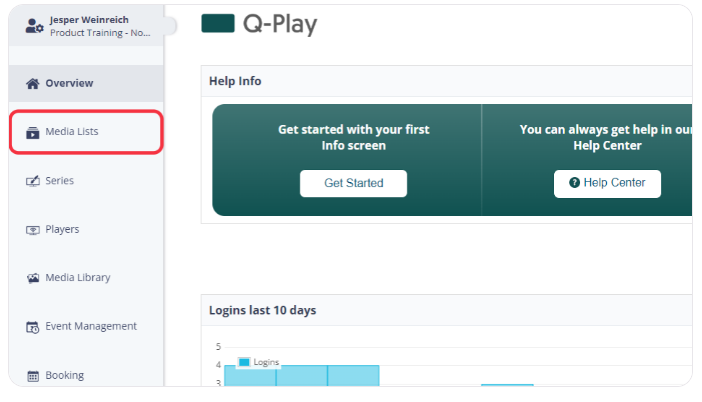 Q-Play interface highlighting the 'Media Lists' section in the navigation menu