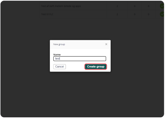 Dialog box for creating a new group in a digital signage system with the name 'test' entered and a 'Create group' button highlighted.