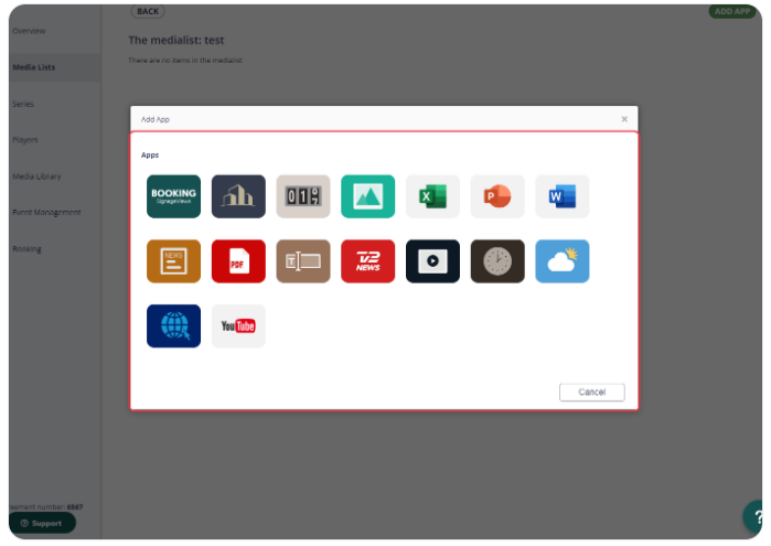 App selection window for 'test' media list, showing various apps like Booking, News, PDF, and YouTube for user to add.