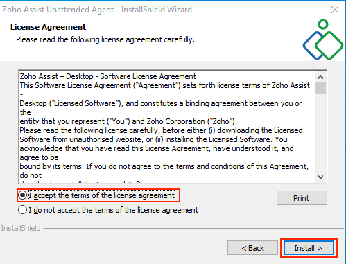 nstallShield Wizard for Zoho Assist displaying the License Agreement with options to accept or not accept the terms, and the 'Install' button highlighted.