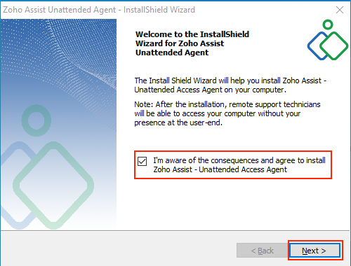 Installation wizard for Zoho Assist Unattended Access Agent with an information alert and 'Next' button highlighted.