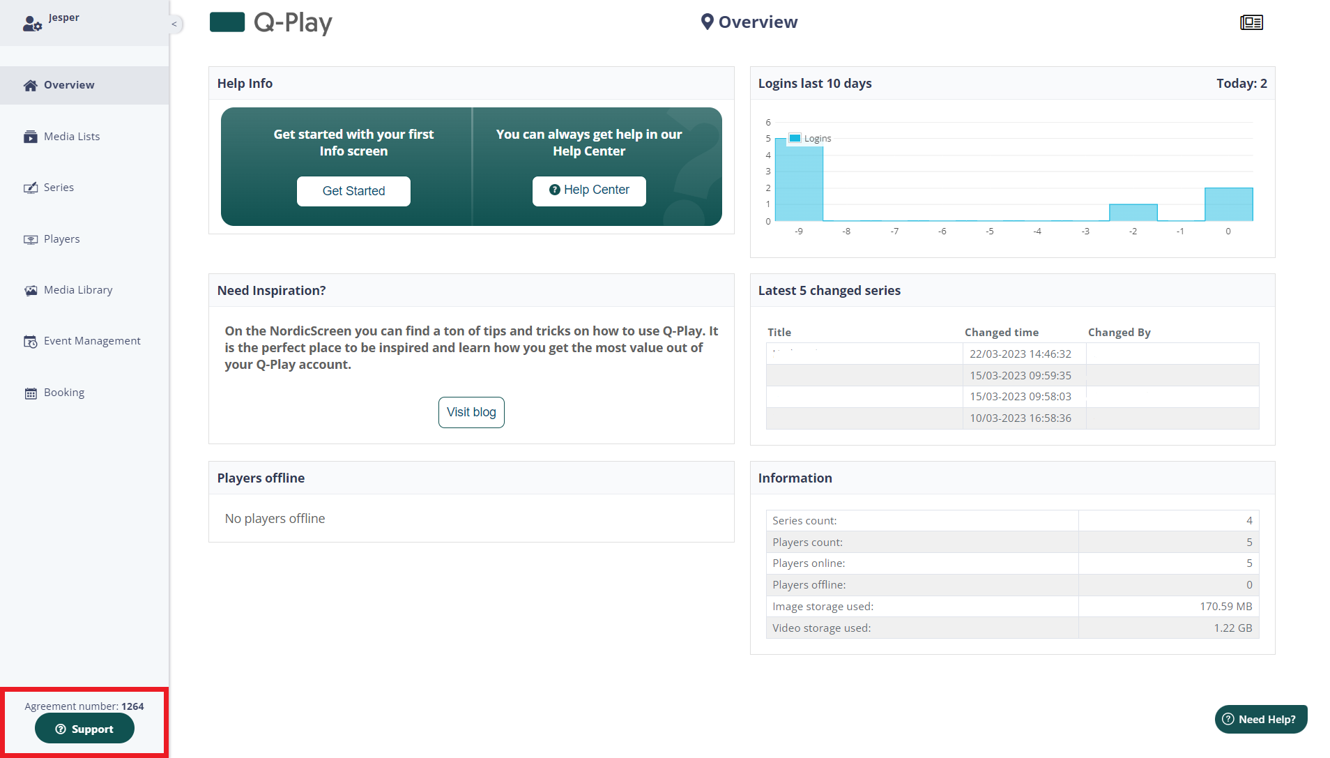 Dashboard of Q-Play digital signage management platform showing overview, user login activity, recent changes to content series, and quick help links.