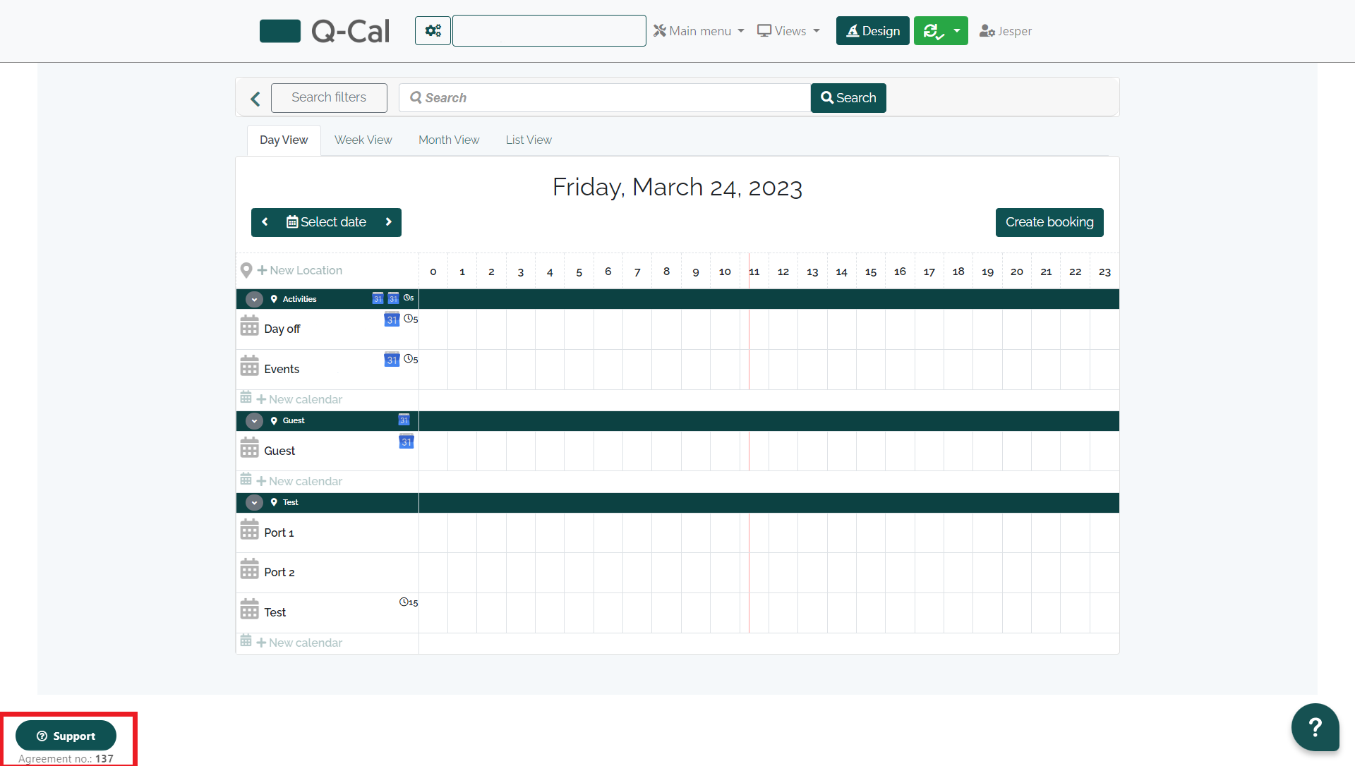Q-Cal scheduling interface with a day view calendar for Friday, March 24, 2023, showing time slots for activities, events, and guest bookings.