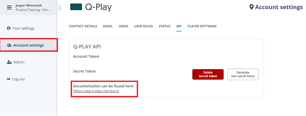 Q-Play account settings interface showing API section with fields for Account Token and Secret Token, and links for documentation and token management.