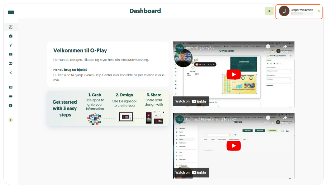 Q-Play Dashboard with welcome message, three-step guide, and video tutorials for user engagement and learning.