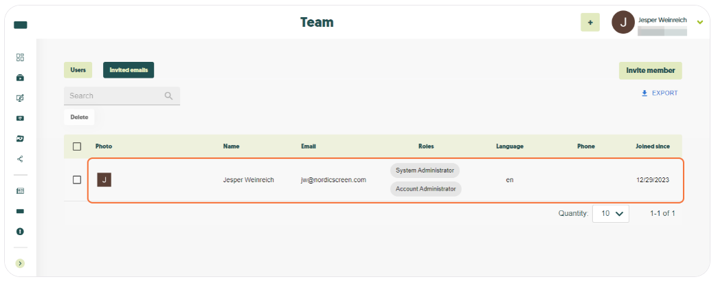 Q-Play team management page showing a user profile with name, email, roles, language preference, and join date.