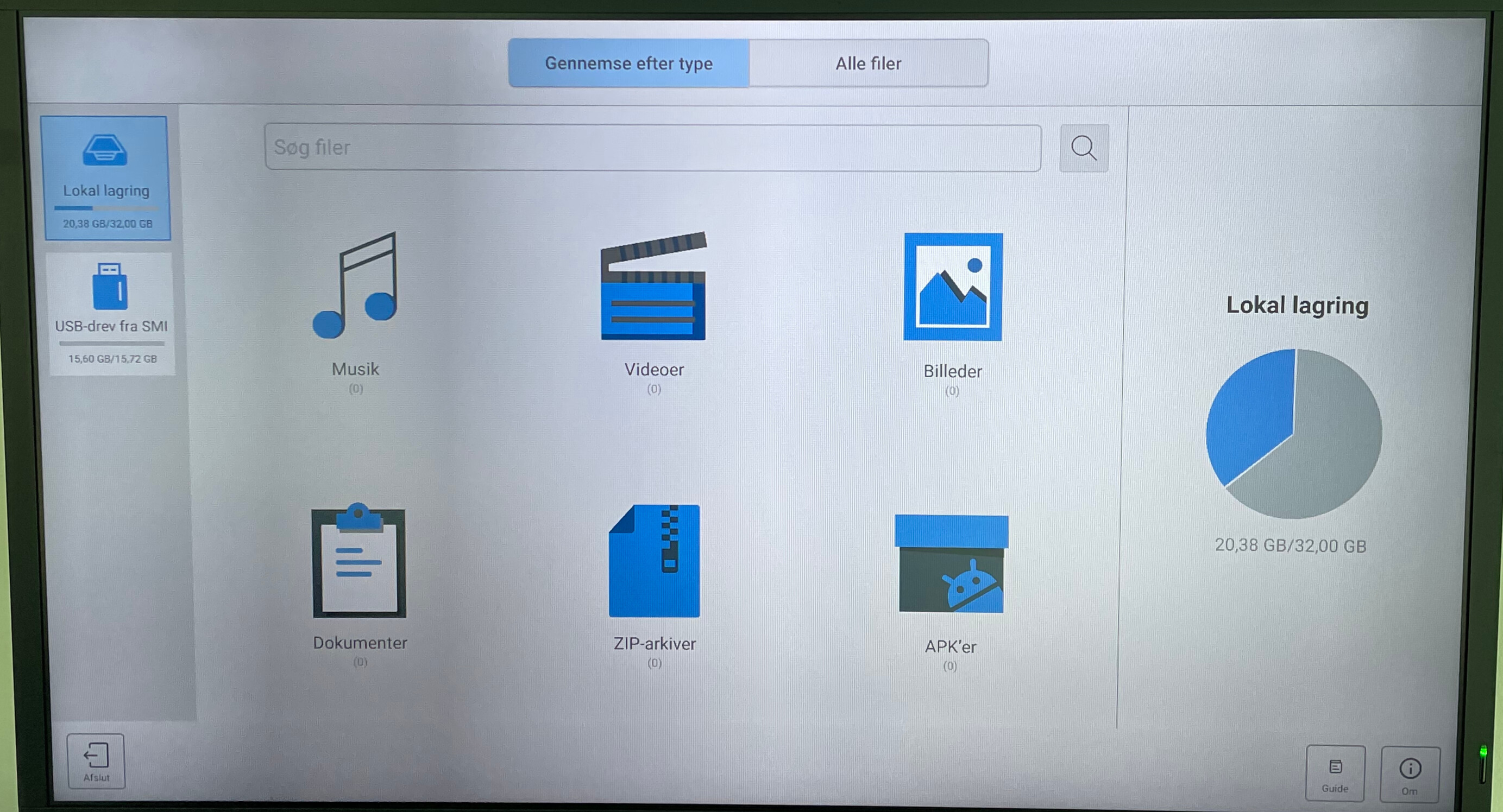 Screen showing local storage folders for Music, Videos, Images, Documents, ZIP archives, and APKs with a storage capacity indicator on a digital device.