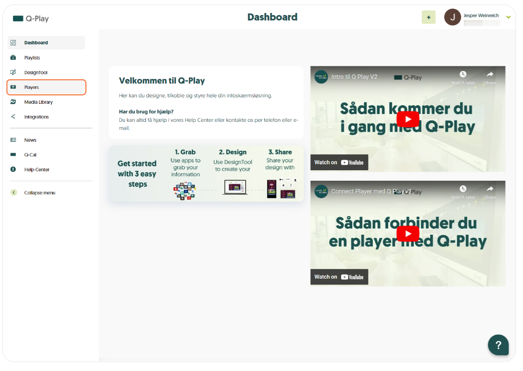 Q-Play dashboard page featuring a welcome message, three-step guide for getting started, and instructional videos for using Q-Play services.
