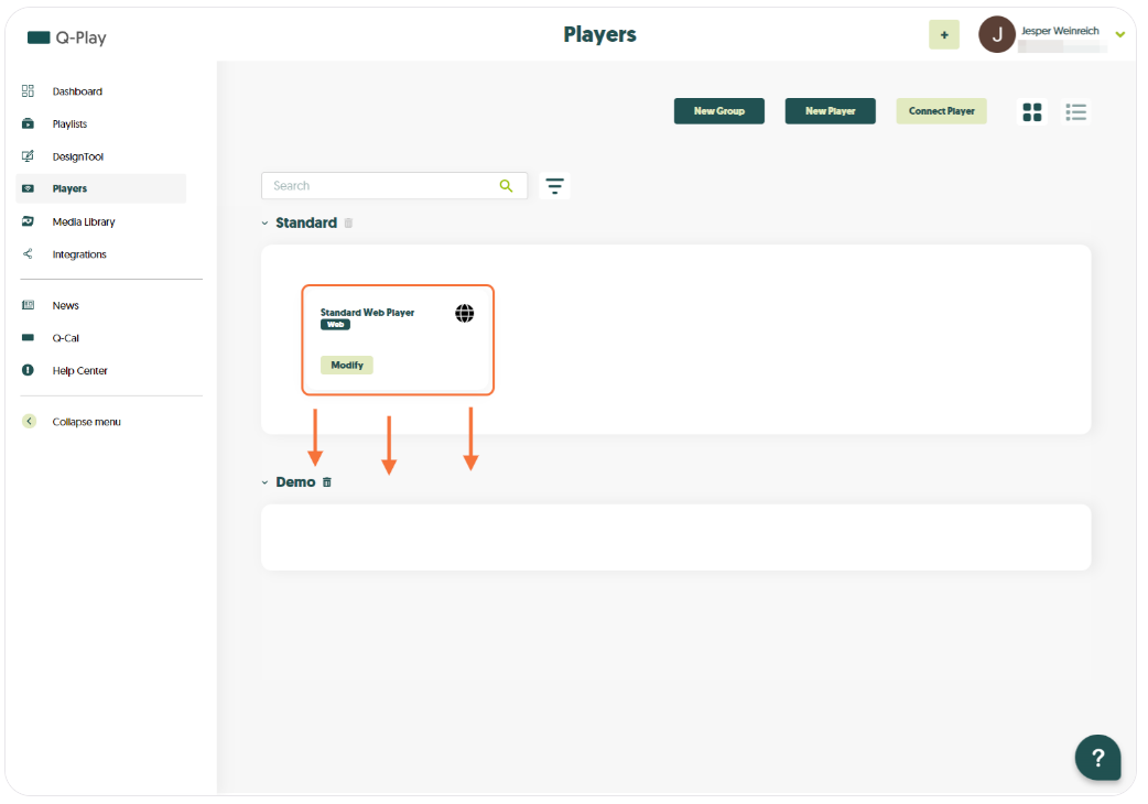 Q-Play's 'Players' section showing a 'Standard Web Player' card with a 'Modify' button, and arrows pointing to a new section labeled 'Demo' below.