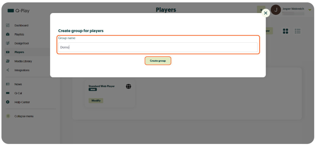 Popup window on Q-Play's 'Players' section for creating a new group, with an input field for the group name and a 'Create group' button.