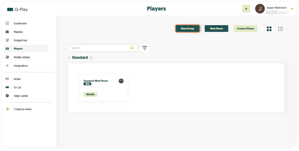 Q-Play interface showing the 'Players' section with options to create a new group, add a new player, or connect a player, and a card for 'Standard Web Player' with a 'Modify' button.